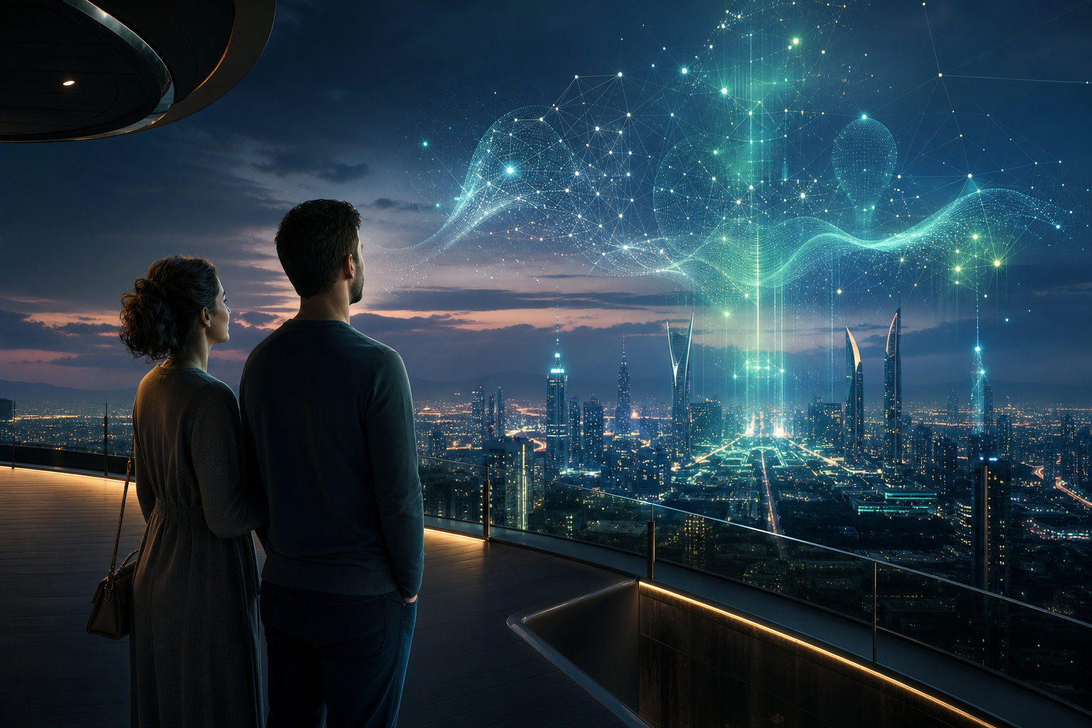 A couple looking toward a futuristic city and a luminous artificial intelligence network. AI-generated illustration.
